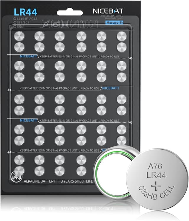 Detalle de NICEBATT LR44 Batteries 60 Pack (AG13, L1154F 357 303 SR44 A76) Premium Alkaline 1.5V Coin Cell