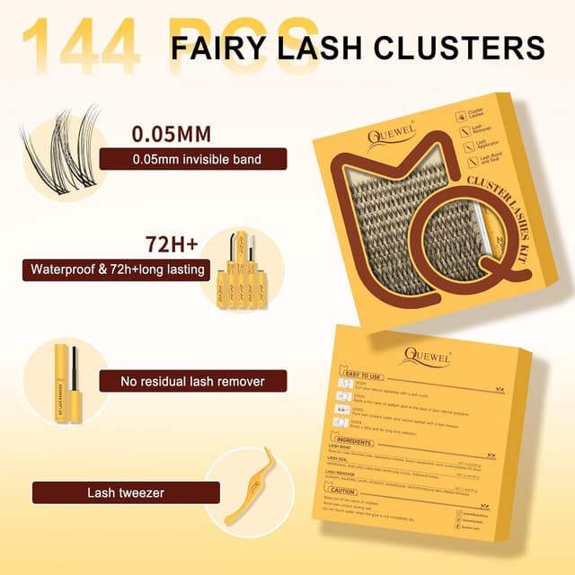 Detalle de QUEWEL Cluster-Lashes Set (144 Stk.) – DIY Wimpern-Extensions mit Mix 10–18 mm, Kleber, Pinzette & Entferner
