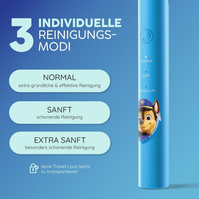 Detalle de happybrush® Elektrische Zahnbürste für Kinder „Die Höhle der Löwen“ – mit 4 Aufsteckbürsten und 4-Wochen-Akku