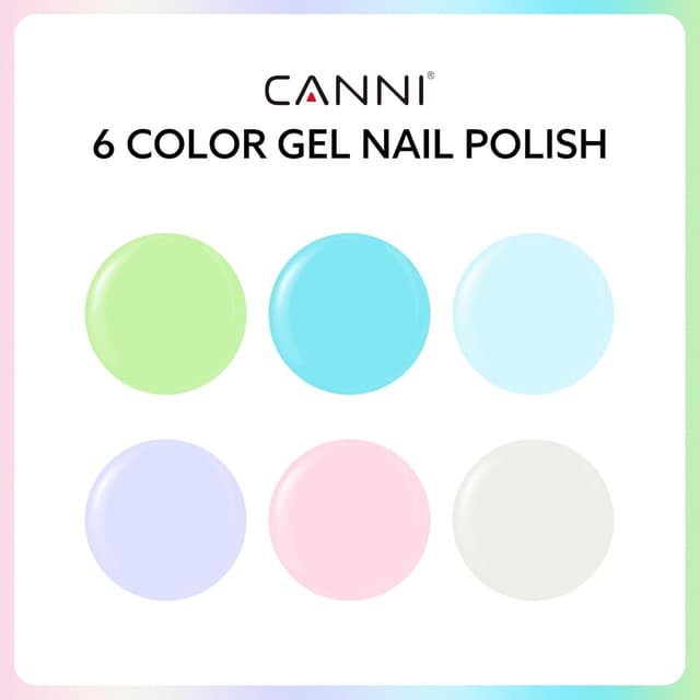 Detalle de CANNI 6Pcs 9ml Hema-Free Gel Nail Polish Set (Green, Blue, Purple, Pink, Milky White) — LED Soak-Off DIY Kit