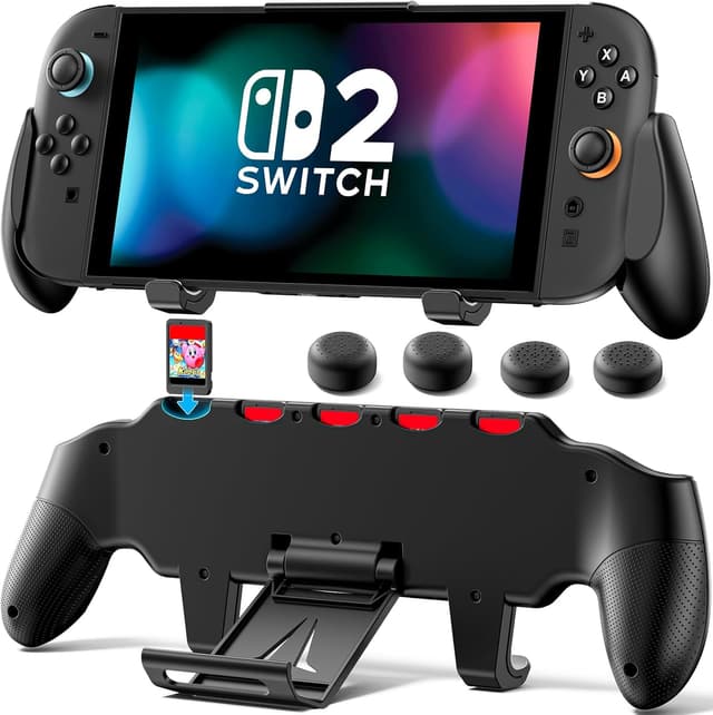 Detalle de OIVO Grip Compatible with Nintendo Switch 2 ergonomic grip case with adjustable stand and 5 game card slots
