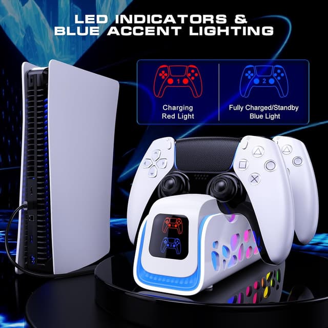 Detalle de PS5 Controller Charger Dual-Sensing Edge Charging Station (6 LED + RGB Modes) for PS5 Slim/Pro