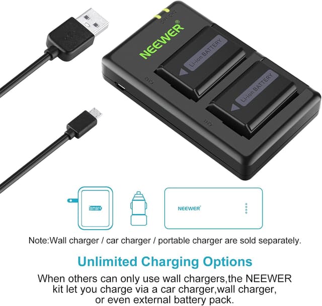 Detalle de NEEWER NP-FW50 Akku-Ladegerät-Set (2er-Pack) mit Micro-USB für Sony ZV-E10, Alpha A7/A7R/A7II/A7SII & RX10-Reihe