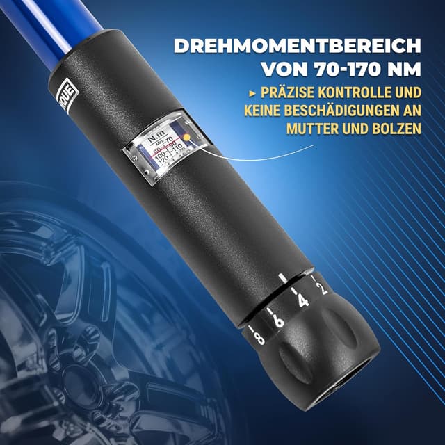 Detalle de S&R Kreuz-Drehmomentschlüssel-Set 1/2 Zoll (70–170 Nm) mit 3 Stecknüssen 17/19/21 mm im Koffer