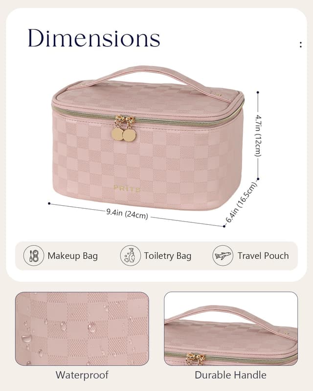 Detalle de Prite große Kosmetiktasche für Damen (24 x 16,5 x 12 cm) aus wasserfestem Leder – mit Griff und abnehmbarem Trenner (rosa kariert)