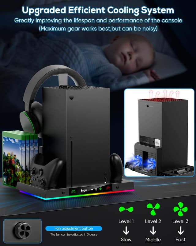 Detalle de MENEEA Upgraded Cooling Fan Charging Station for Xbox Series X (Dual Controller Dock + Cooler Stand, RGB Lights)
