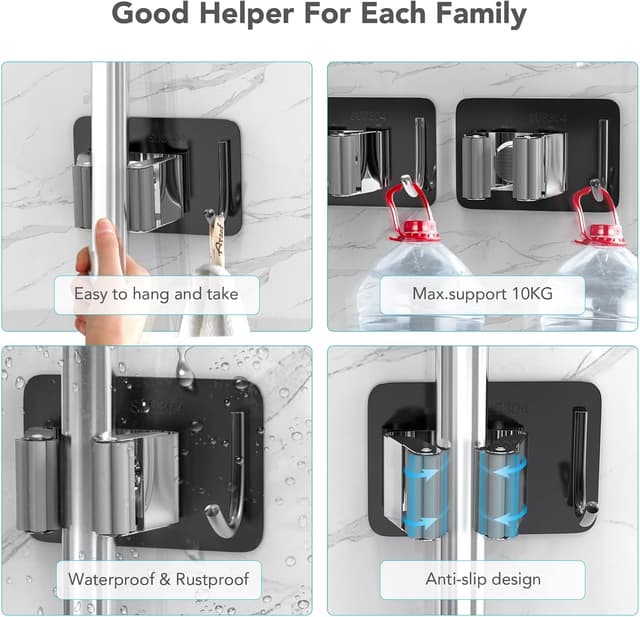 Thumbnail 3 de homeasy Mop Broom Holder 4 Pcs Wall Mounted Black Mix