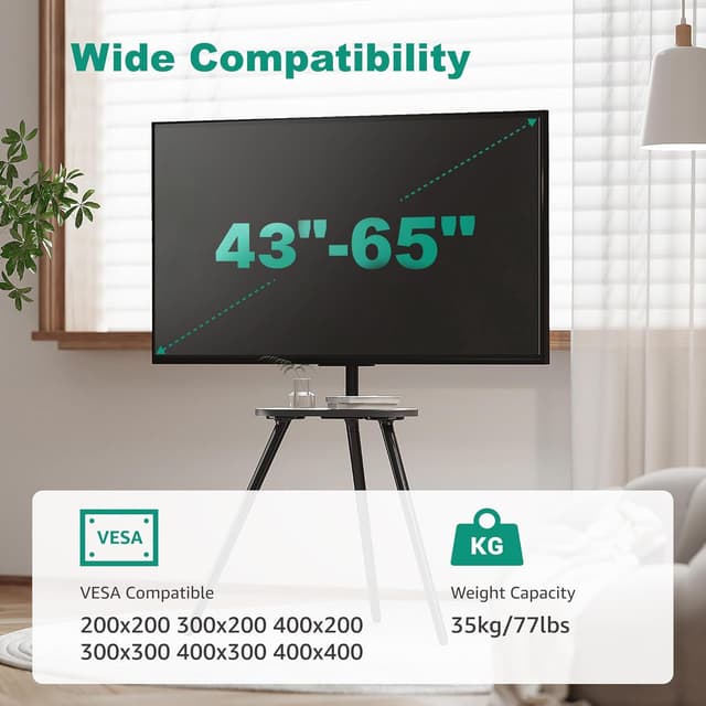 Detalle de ECOTINY Easel Tripod TV Stand (43–65 inch) with Swivel & 7-Stage Height Adjustment and Wooden Tray