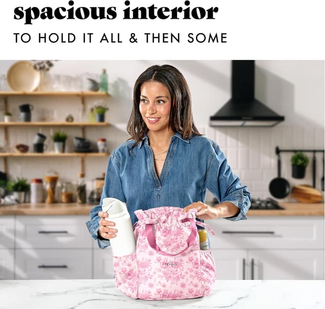 Detalle de Fit & Fresh Cromwell Drawstring Lunch Bag Set for Women (Pink Floral Toile) with 2 Containers