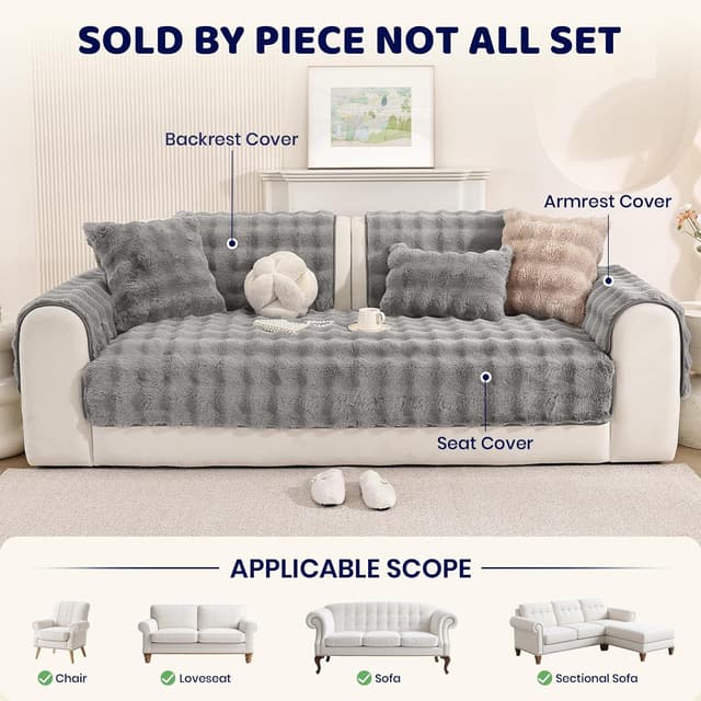 Detalle de Royhom housse de canapé épais en fausse fourrure peluche, antidérapante gris 90 x 160 cm