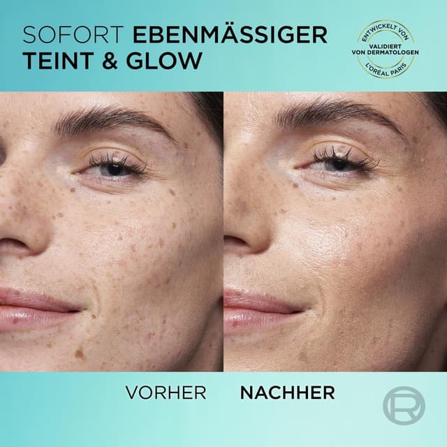 Detalle de L’Oréal Tägliches Getöntes UV Glow-Fluid LSF 50 mit Niacinamid + Glow-Pigmenten, Farbe Hell (Bright Reveal) – 50 ml