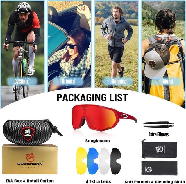 Detalle 2 de Queshark Occhiali Ciclismo Polarizzati con 5 Lenti Intercambiabili in TR90 per corsa, MTB e running