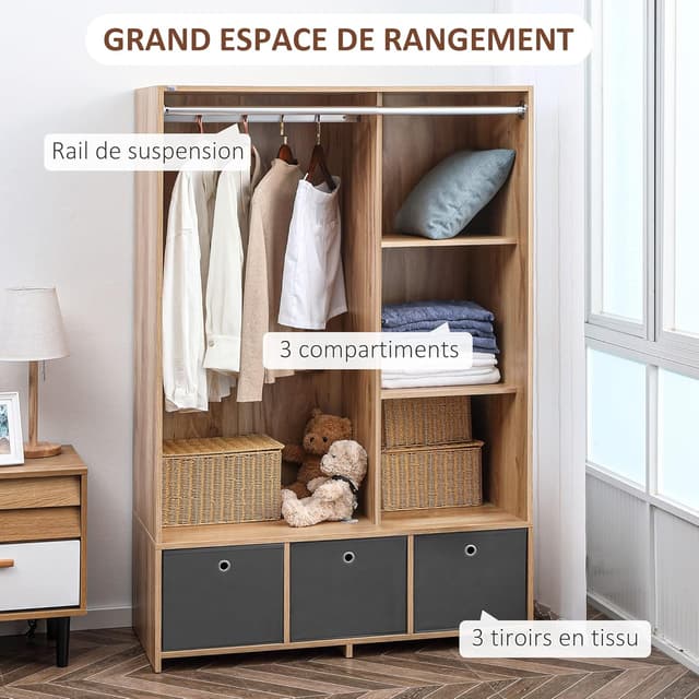 Detalle de HOMCOM Armoire penderie avec rideau gris, 3 compartiments et 3 tiroirs en tissu