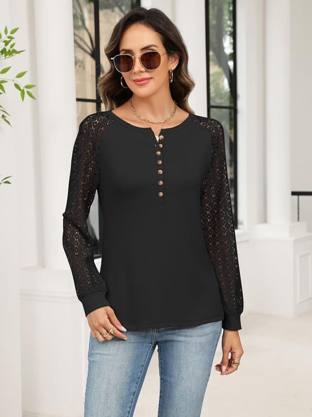 Detalle 2 de Minetom Women’s Lace Long Sleeve Henley Top (Button-Down Style)