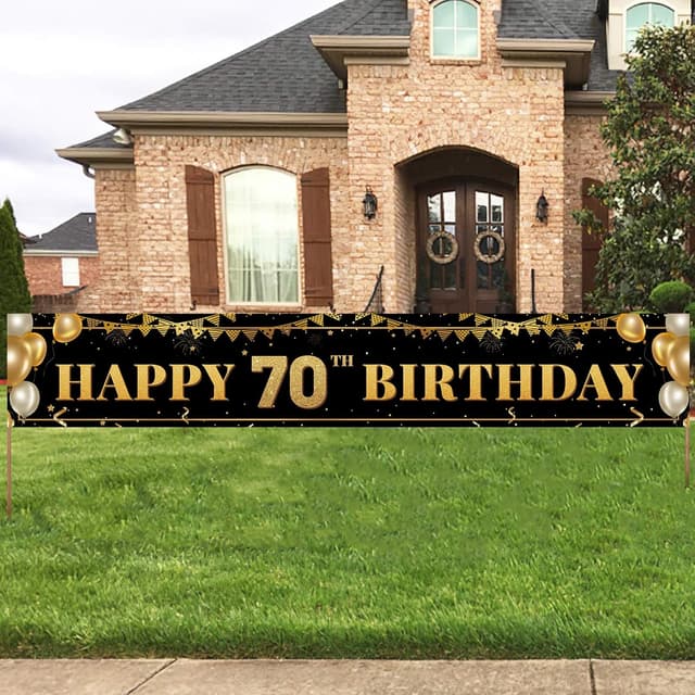 Detalle de Large Happy 70th Birthday Decoration Banner in Black & Gold (9.8 x 1.6 ft) — Polyester Reusable Party Backdrop Sign