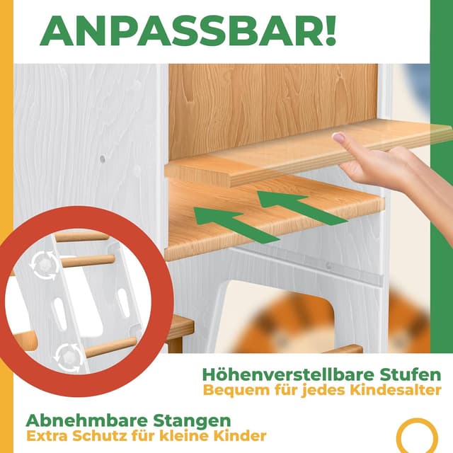 Detalle 2 de KIDIZ® Lernturm für Kinder ab 1 Jahr inkl. Lernuhr – höhenverstellbarer Tritthocker aus Kiefernholz bis 50 kg