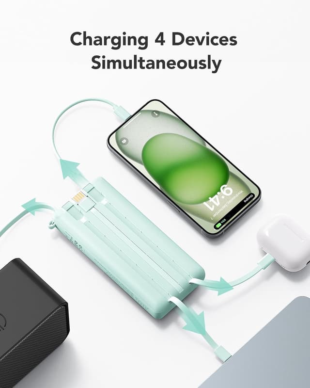 Thumbnail 6 de VRURC Batterie Externe 20000mAh Power Bank USB C 20W à 4 câbles intégrés (Vert)