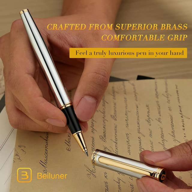 Detalle 2 de BEILUNER Luxury Rollerball Pen (24K Gold Trim) with Schneider 850 Refill – Executive Gift Set
