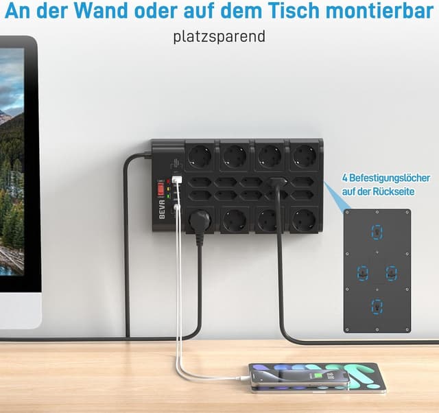Detalle 1 de BEVA 18-fach Mehrfachsteckdose mit USB‑C und 4 m Kabel (3680 W/16 A) + 2100 J Überspannungsschutz