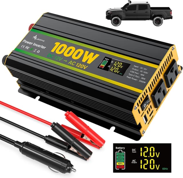 Detalle de ALEOPIX 1000W Power Inverter (12V to 110V) for Vehicles with Dual AC, LED Display & USB Ports (Surge 2000W)