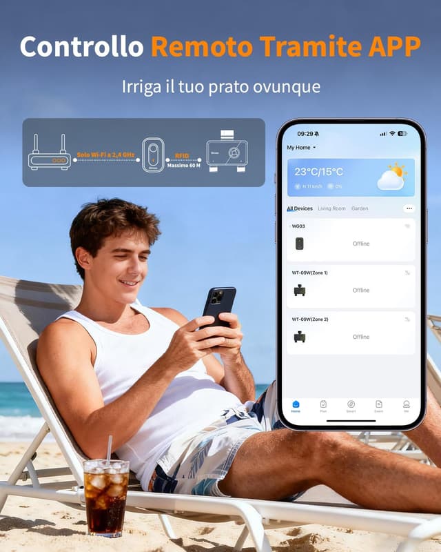 Detalle de Diivoo Centralina Irrigazione WiFi 2 Zone con ingresso/uscita in ottone WT-09W, timer smart per giardino e controllo Alexa
