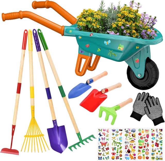 Detalle de JONRRYIN Carriola per bambini con set giardinaggio (14 pezzi) e guanti in dotazione