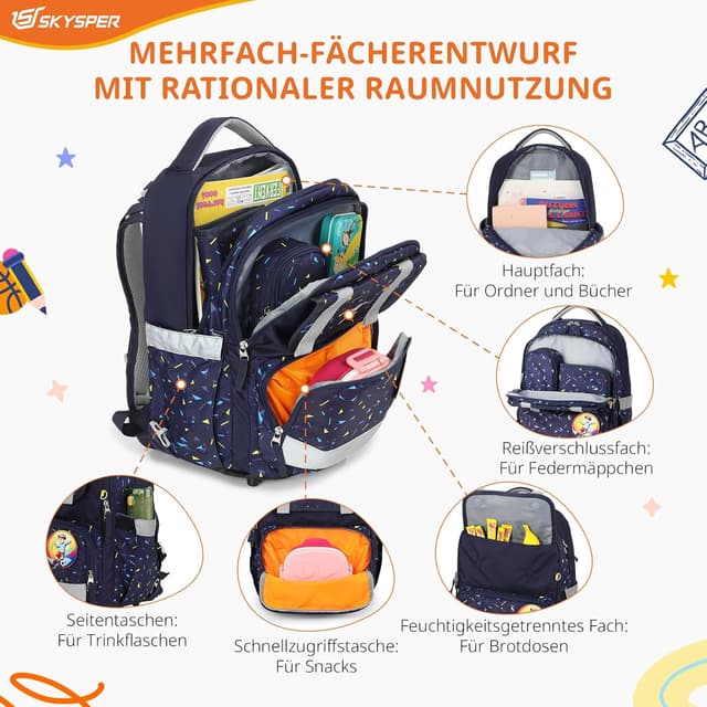 Detalle de SKYSPER Schulranzen-Set 5-teilig mit ergonomischem Tragesystem und 360° Reflektorstreifen (16 L)