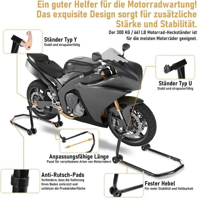 Detalle de Gimisgu sollevatore posteriore per moto, larghezza regolabile fino a 300 kg (nero)