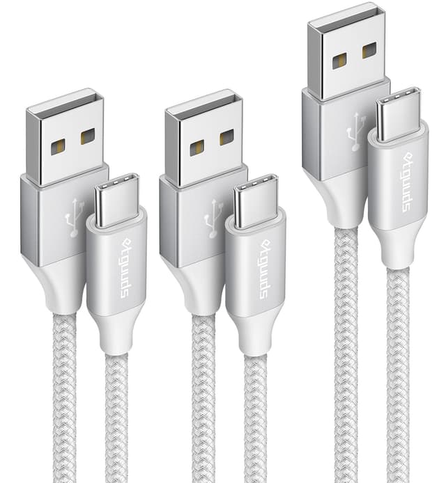 Detalle de etguuds 3-Pack USB-C Fast Charging Cables (USB-A to USB-C) with Nylon Braided Cord, White, 1m + 1m + 2m