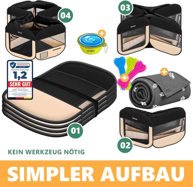Detalle 2 de LOVPET Welpenlaufstall faltbar (Pop-up) für Kleintiere & Hunde/Katzen inkl. Hundenapf und Fleece-Decke, Schwarz/Beige