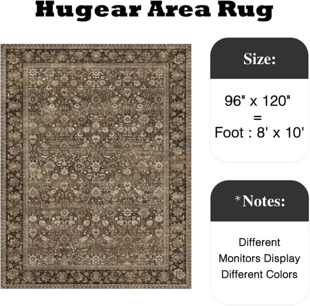 Detalle 2 de HUGEAR 8x10 Brown Floral Area Rug, Machine Washable 🏡