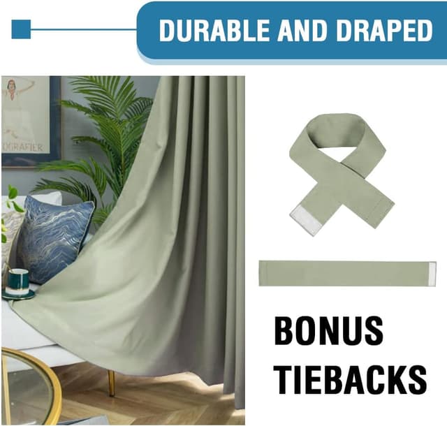 Detalle de BellaHills 100% blackout pencil pleat curtains (2 panels) in Light Sage, with black liner