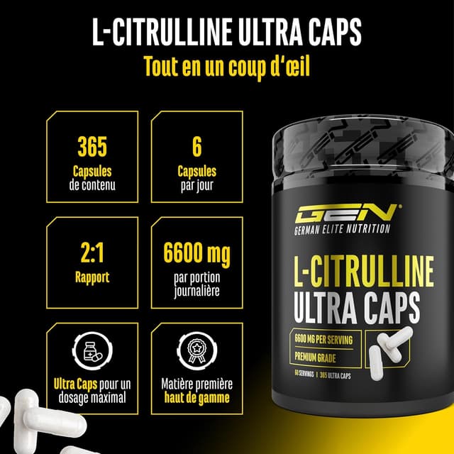 Detalle 2 de L-Citrulline Ultra Caps (DL-Malate 2:1) – 365 gélules, dose 1 100 mg par capsule