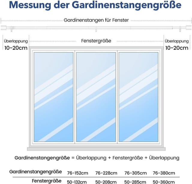 Detalle 2 de GEEBOBO Gardinenstange Weiß verstellbar 76–380 cm, 19 mm Durchmesser (für Schlafzimmer, Wohnzimmer & Küche)