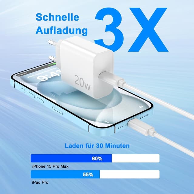 Detalle de FUHAYA iPhone 17/16 chargeur 20 W USB‑C (4-Pack) certifié MFi avec câbles USB‑C vers USB‑C