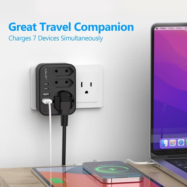 Detalle de Adaptateur de voyage JSVER 7 en 1 France vers États-Unis/Canada avec 4 ports USB et 2 prises Type B (noir)