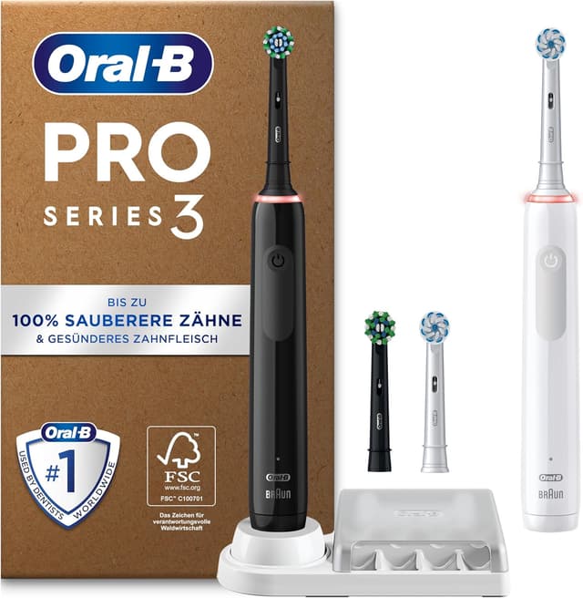 Detalle de Oral-B Pro Series 3 Elektrische Zahnbürste Doppelpack (inkl. 4 Aufsteckbürsten) – Schwarz/Weiß