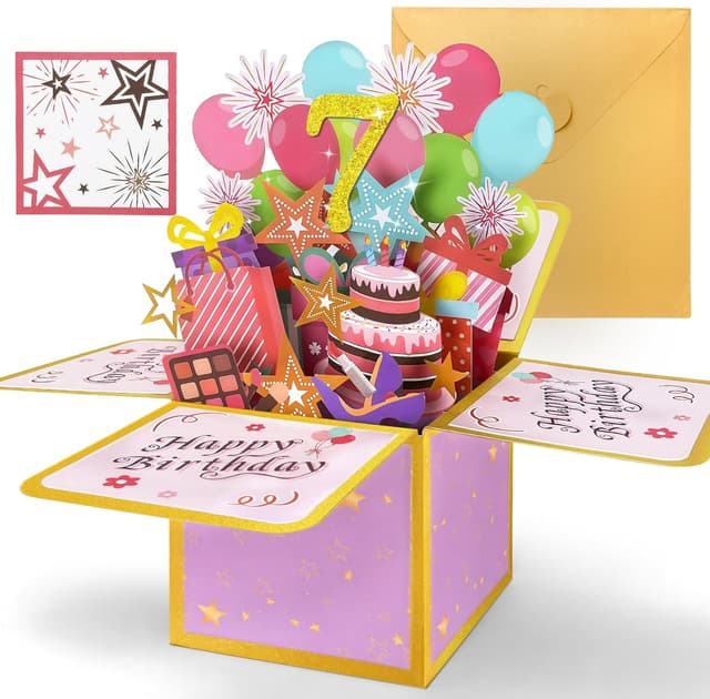 Detalle de Hierein 7th Birthday Pop-Up Card (Pink) – 3D Sweet Happy Birthday Gift Box Card for 7-Year-Old Girls
