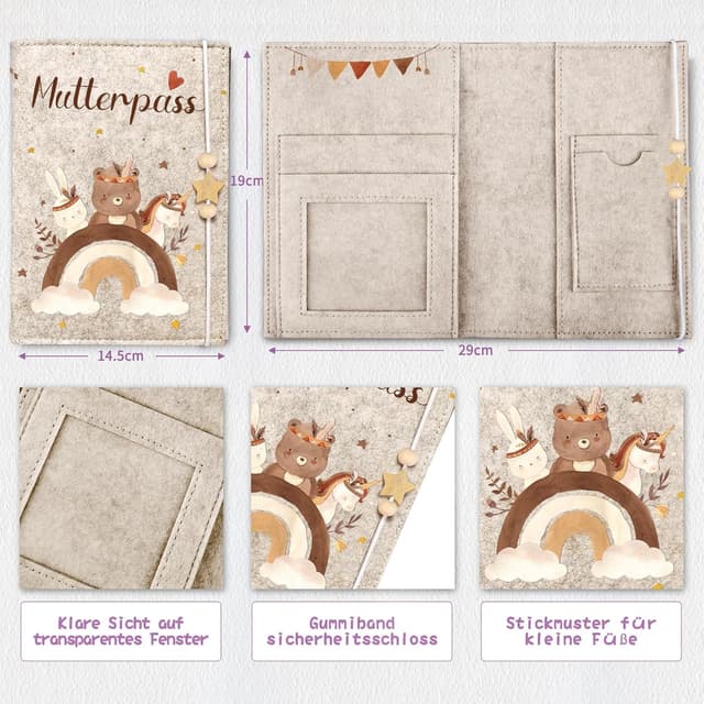 Detalle de Filz-Mutterpasshülle mit Gummiband – Schutzhülle für Deutschen Mutterpass, Impfpass & Ultraschallfotos