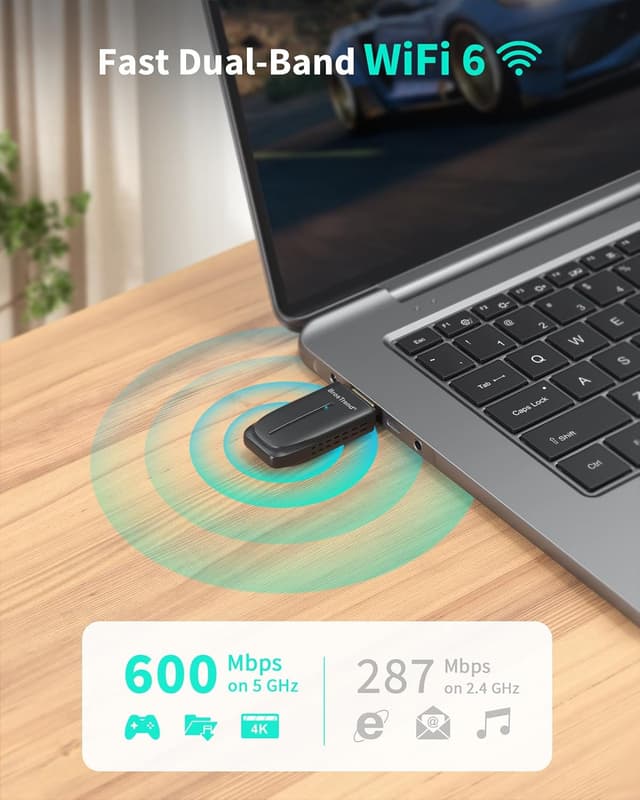 Detalle de BrosTrend 2-in-1 USB WiFi 6 + Bluetooth 5.4 Adapter (AX900) for PC — dual-band Wi‑Fi and multi-device Bluetooth