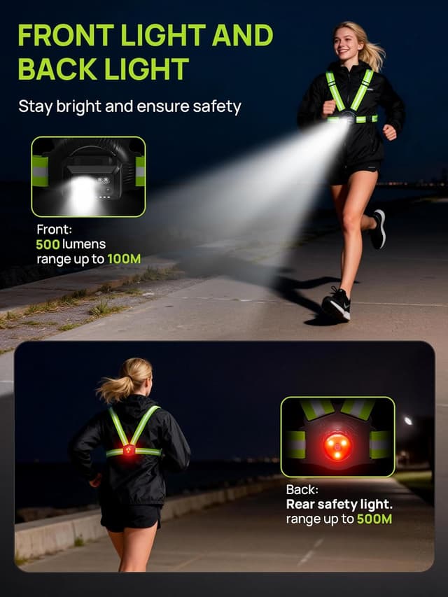 Detalle 2 de ACSO Running Lights for Runners (500-lumen) with 360° reflective vest, adjustable 45° light and USB-C charging
