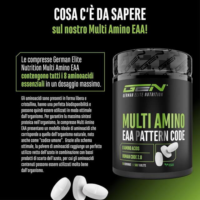 Detalle de GEN GERMAN ELITE NUTRITION Multi Amino-EAA Pattern Code da 1.000 mg (500 compresse, vegan)
