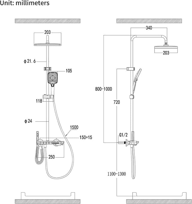 Detalle de HOMELODY Duscharmatur Komplettset mit Regendusche, Glasablage und Klaviertasten (4 Strahlarten)