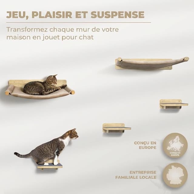 Detalle de WOOWOOD® Kletterwand Katzen-Set „Naturhell“ (Wandkratzbaum mit Hängematte)