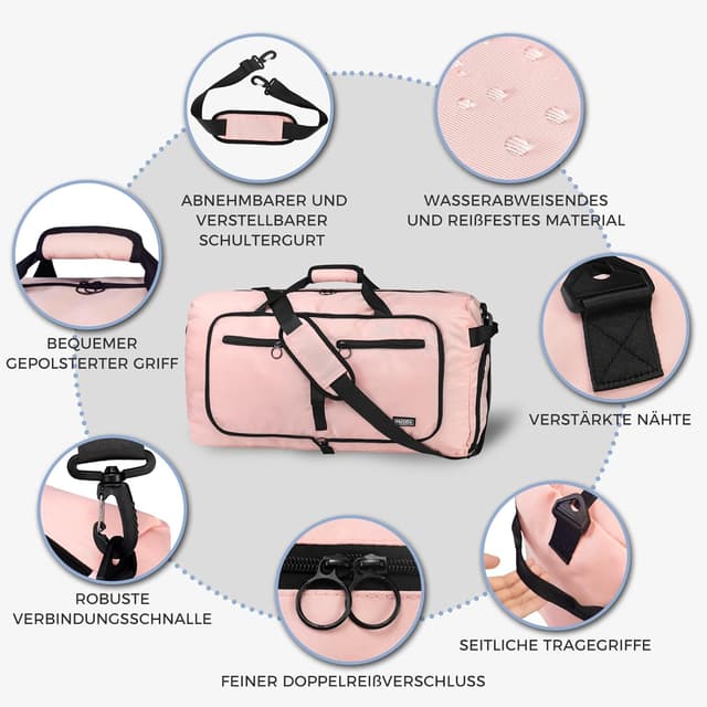 Detalle 2 de Fmeida Saunatasche Damen große Reisetasche faltbar mit Schuhfach, wasserdicht – Weekender- & Handgepäck-Tasche (hellpink)