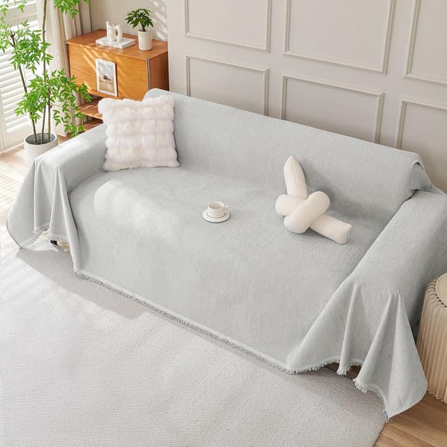 Detalle de Royhom Telo copridivano 2 posti 180x260 cm in ciniglia grigio chiaro, universale quattro stagioni