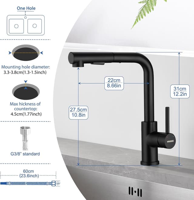Thumbnail 6 de WOOHSE Niederdruck Küchenarmatur schwarz mit ausziehbarer Brause – 360° drehbar und 2-Strahl-System