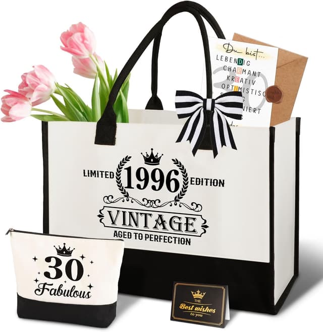 Detalle de Giftota Set zum 30. Geburtstag für Frauen: Vintage „1996“ Canvas-Tragetasche, Kosmetiktasche & Grußkarte