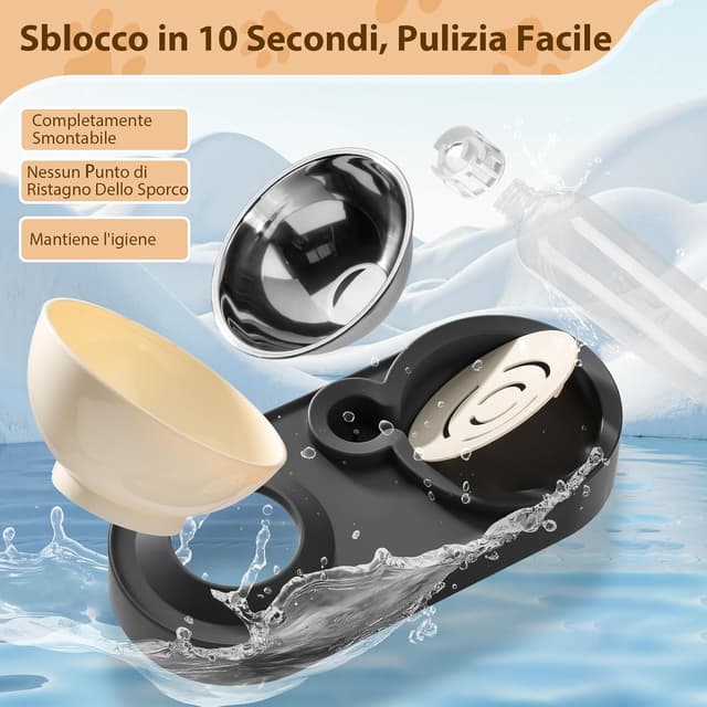 Detalle 2 de Marchul ciotole rialzate per gatti con supporto inclinato 15°, acciaio inox e bottiglia d’acqua a gravità da 500 ml