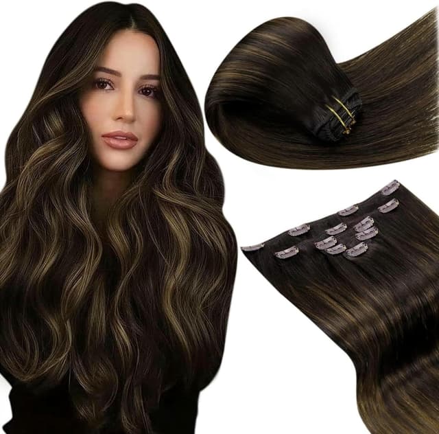 Detalle de LaaVoo Extension de cheveux naturels à clip pour balayage brun foncé à clair (5 pièces) – 30 cm, 80 g